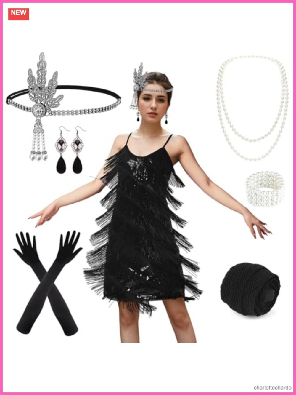 1920s Gatsby Sequin Fringed Flapper Dress Costume Set with Accessories